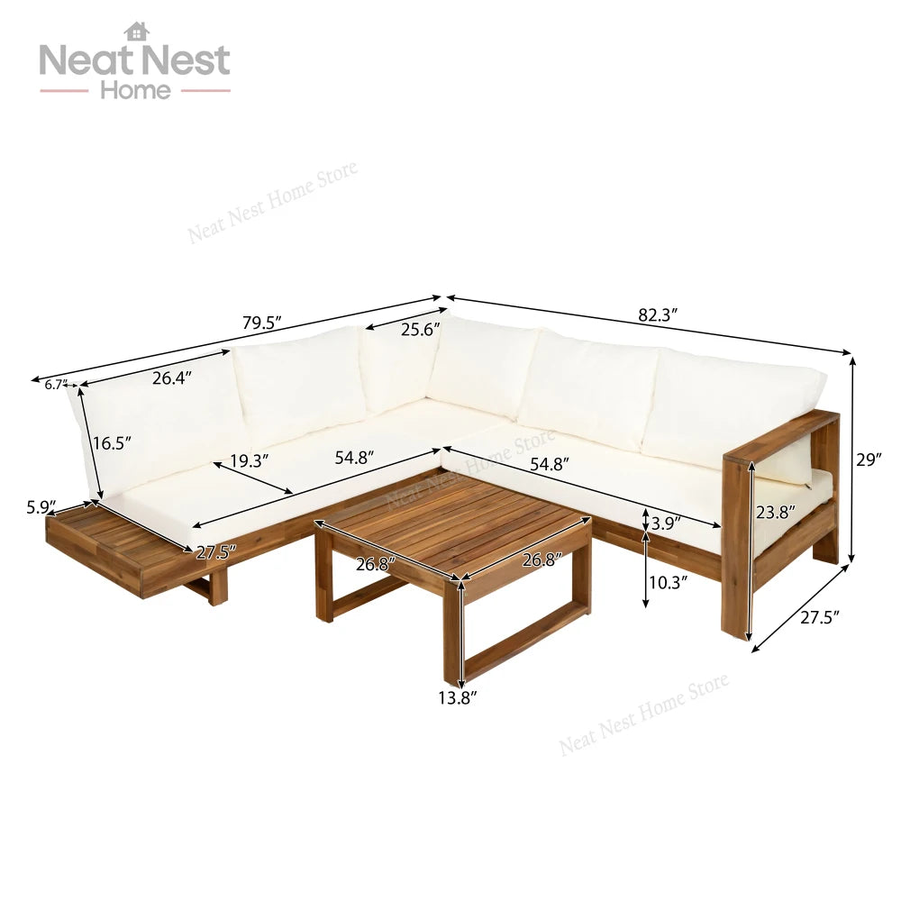 4 Piece Acacia Wood Patio Furniture L Shaped Sectional Sofa Set with Coffee Table and Built in Side Table