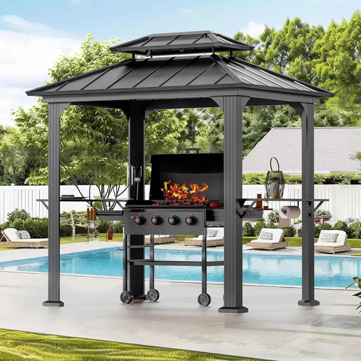 6 Feet X 8 Feet Aluminum BBQ Gazebos with Shelves and Ceiling Hook Grill Canopy Hardtop with Galvanized Steel Roof Outdoor Grill