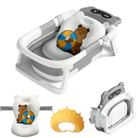 Folding Baby Bathtub with Thermometer and Cushion Support