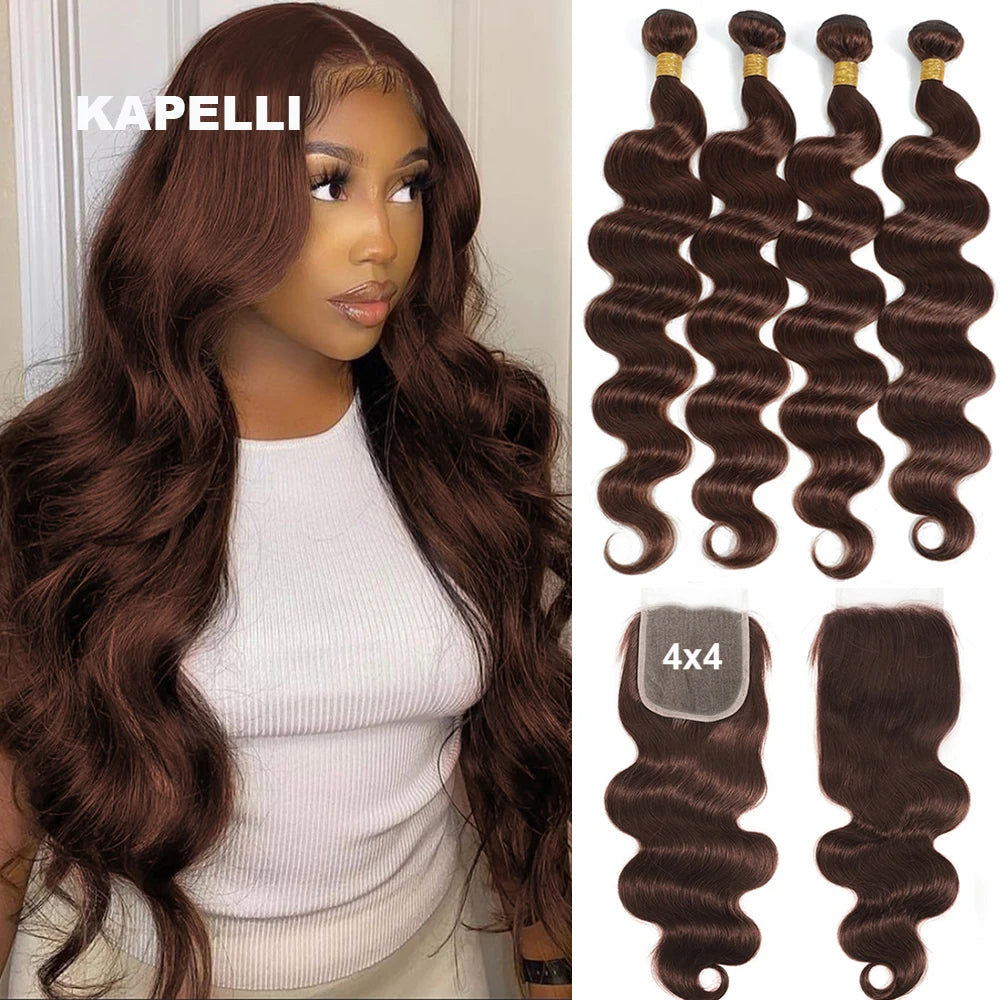10A Brazilian Body Wave Bundles with 4x4 Lace Closure Brown Blonde Human Hair Remy 3/4 Bundles