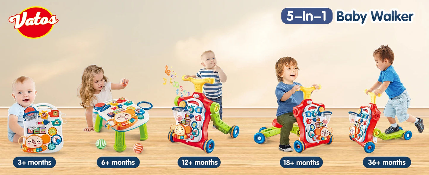 VATOS Baby Walker 5 in 1 Sit to Stand Learning Scooter Balance Bike Push Walker Table Toys with Music for Toddlers and Infant Kids