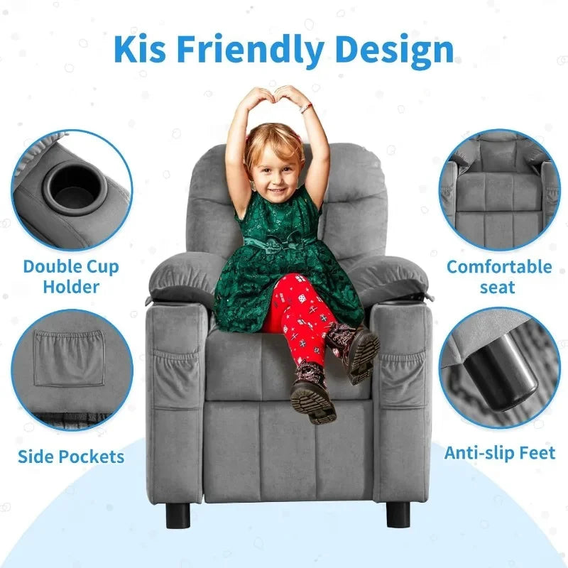 Toddlers Kids Recliner Chair Ergonomic Adjustable Chair with Footrest and Side Pockets Baby Sofa for Boys and Girls Bedroom Gray