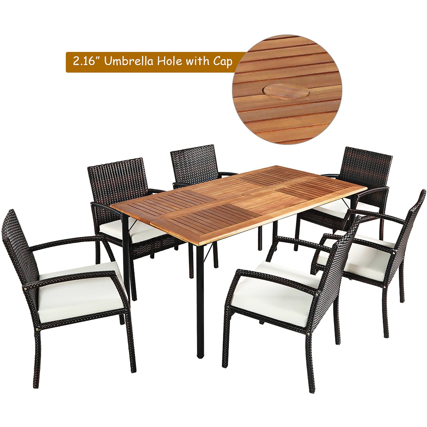 7 Piece Patio Rattan Dining Set with Wooden Table Top and Umbrella Hole