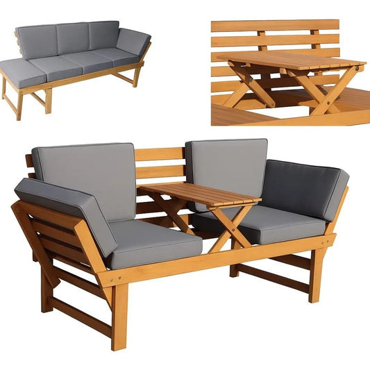 Outdoor Acacia Wood Patio 3 Seat Lounge with Fold Down Center Table Weather Resistant Outdoor Furniture