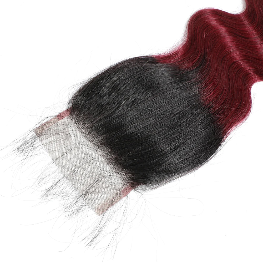 1B99J Body Wave Bundles With Closure Brazilian Human Hair Weave 4x4 Lace Closure 3/4 Bundles Remy Hair Extensions