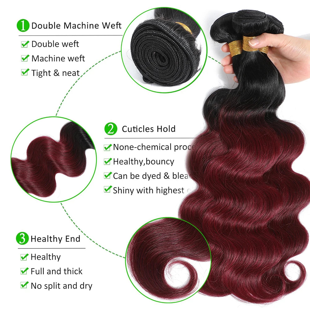 1B99J Body Wave Bundles With Closure Brazilian Human Hair Weave 4x4 Lace Closure 3/4 Bundles Remy Hair Extensions
