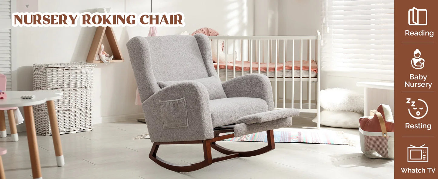 Rocking Chair Nursery with Foot Rest Wingback Nursery Rocking Chairs Teddy Nursing Glider Rocker Chair with Pillow and Adjustable Footrest