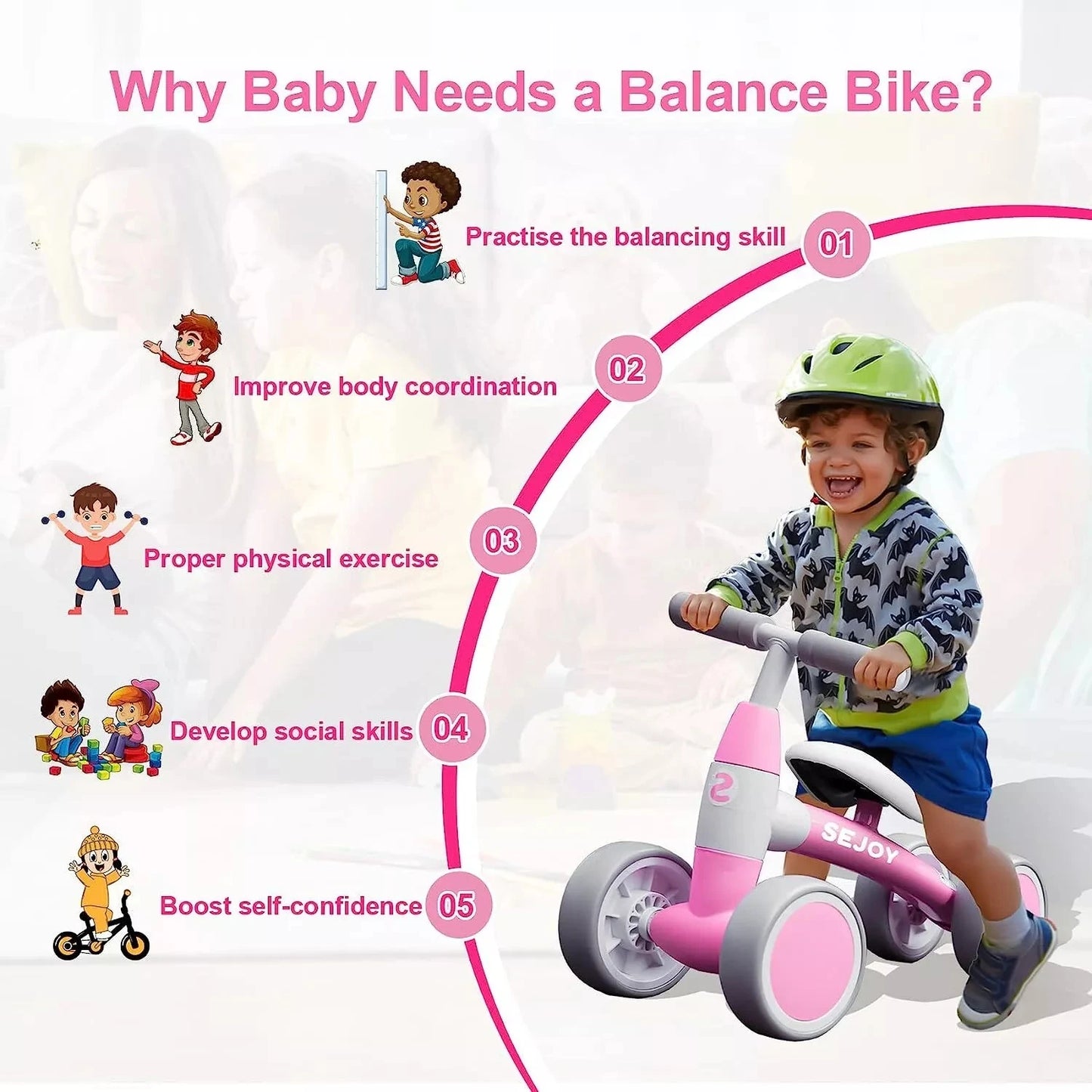 SEJOY Baby Walker Toddler Ride On Balance Bike 4 Wheels Birthday Gifts for Girls and Boys 1-3 Years Old