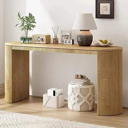 Modern Curved Console Table 59.2 Inch Fluted Entryway Sofa Table for Living Room Entrance Hallway Furniture Natural