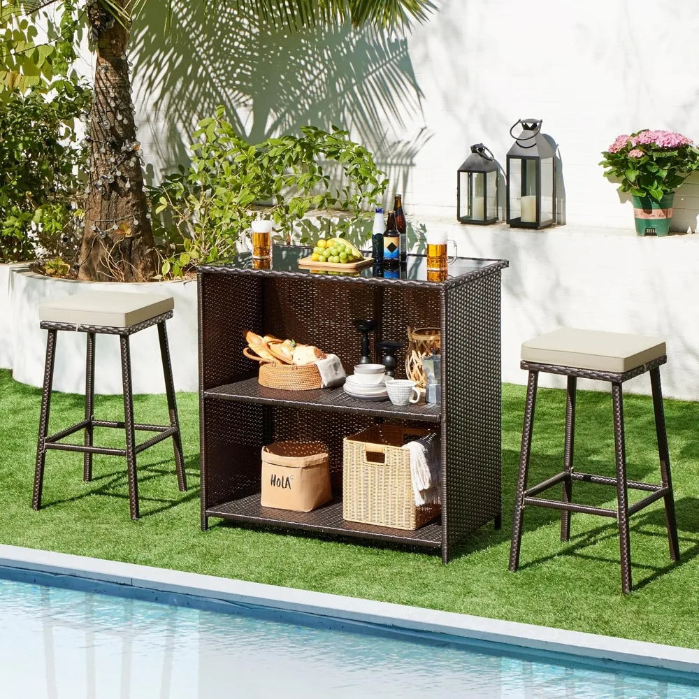 3 Piece Outdoor Bar Set Patio Wicker Bar Furniture with Glass Top Table Cushions and Two Stools Brown Khaki