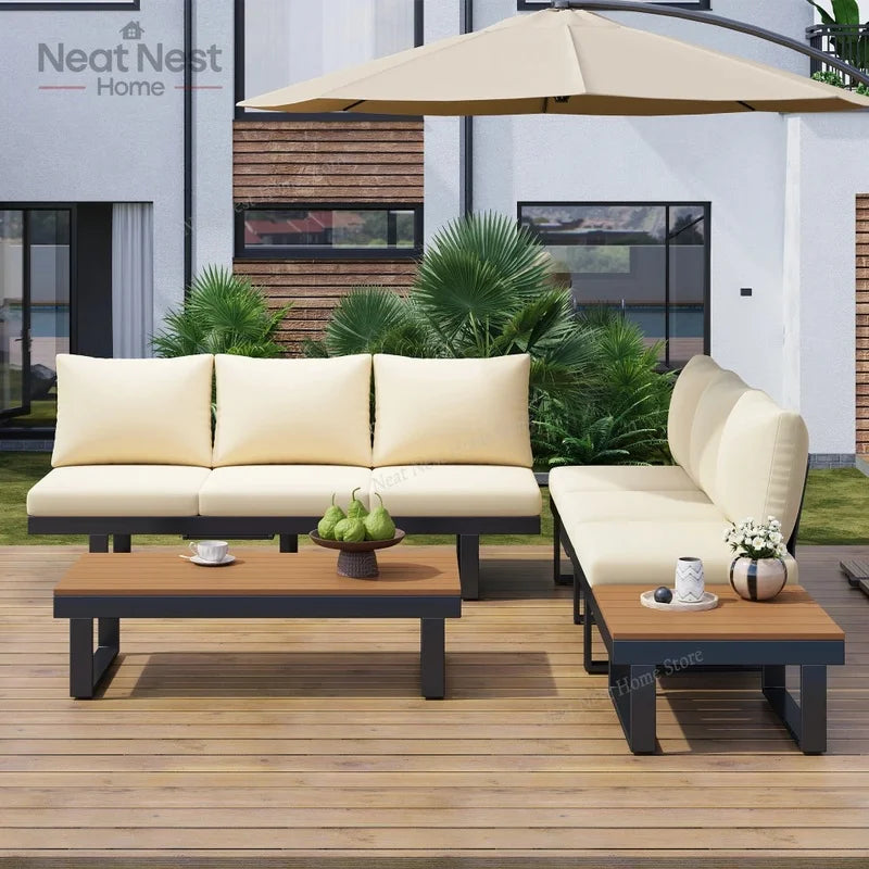Adjustable Reclining Outdoor Sectional Sofa Set for Backyard Poolside and Balcony Beige Patio Furniture