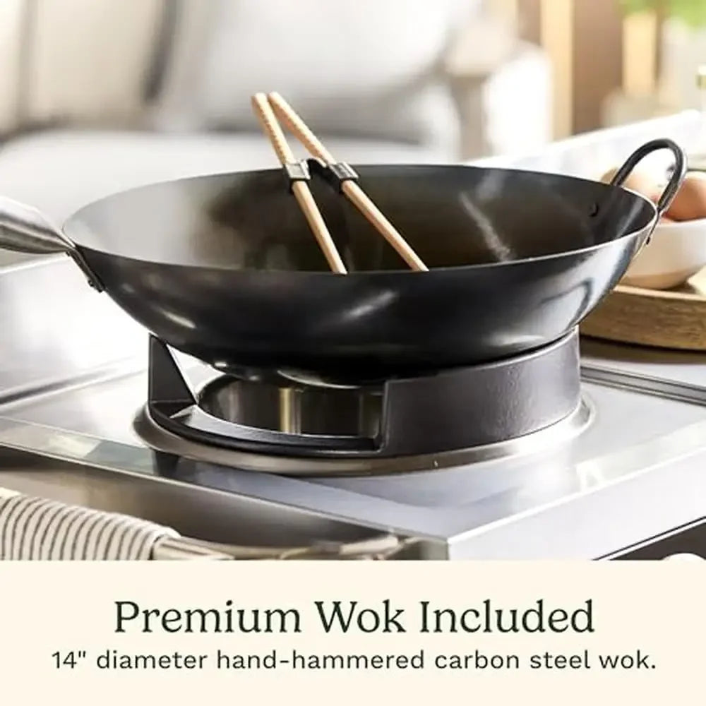 Outdoor Wok Station 50000 BTU Propane Burner 14 Inch Carbon Steel Wok Multi Functional Cooking Grill Stir Fry Sauté Boil Sear