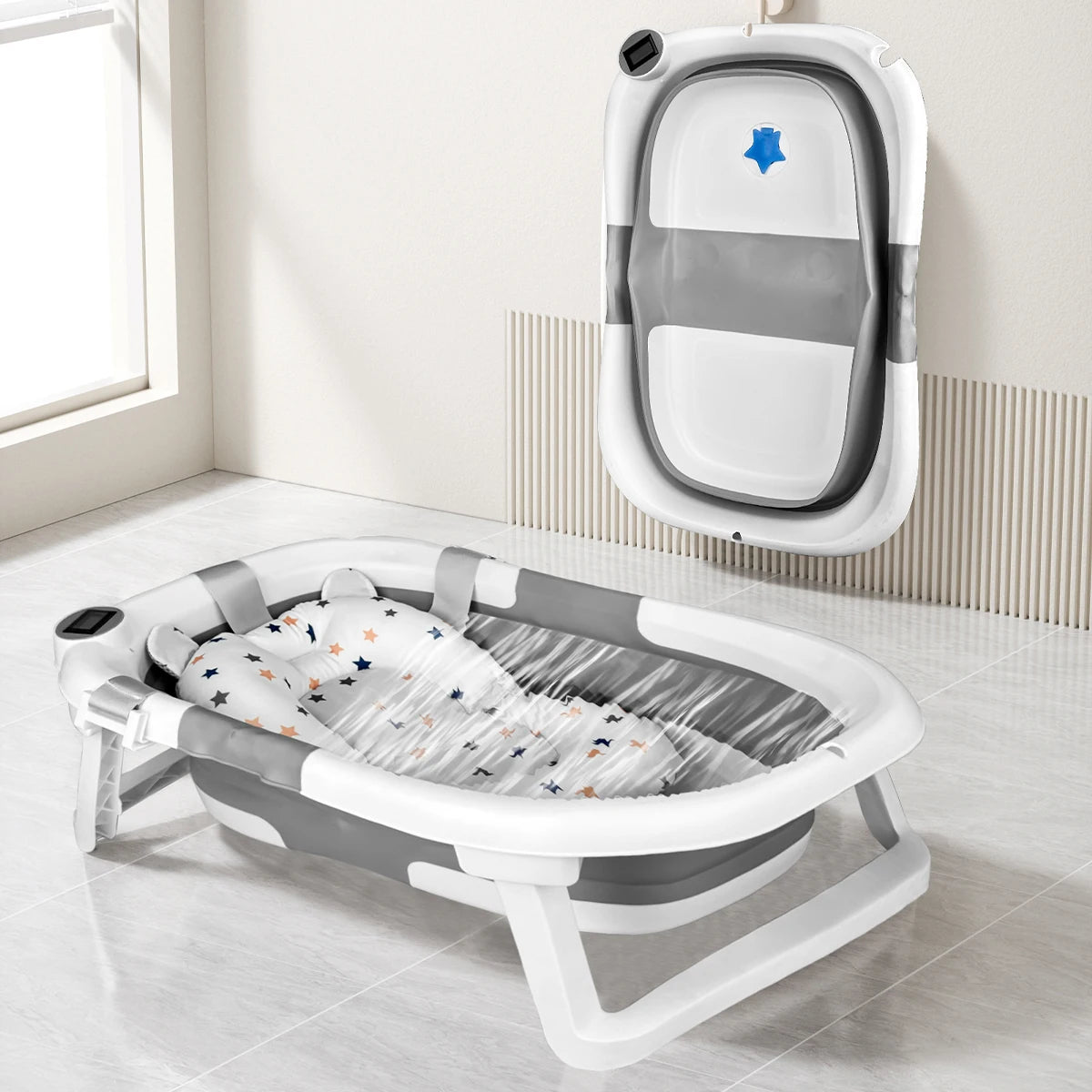 Foldable Baby Bathtub With Soft Cushion And Thermometer