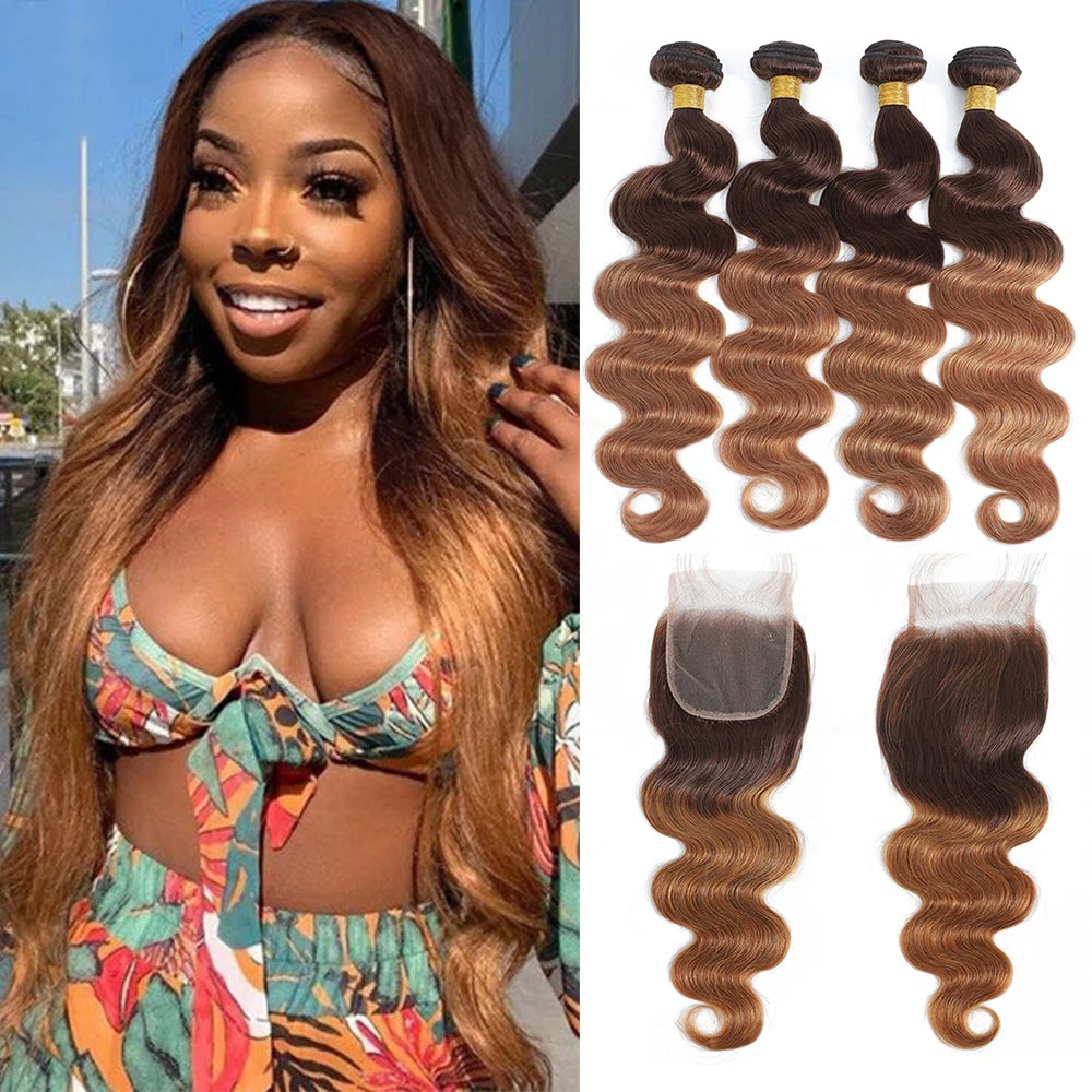 1B99J Body Wave Bundles With Closure Brazilian Human Hair Weave 4x4 Lace Closure 3/4 Bundles Remy Hair Extensions
