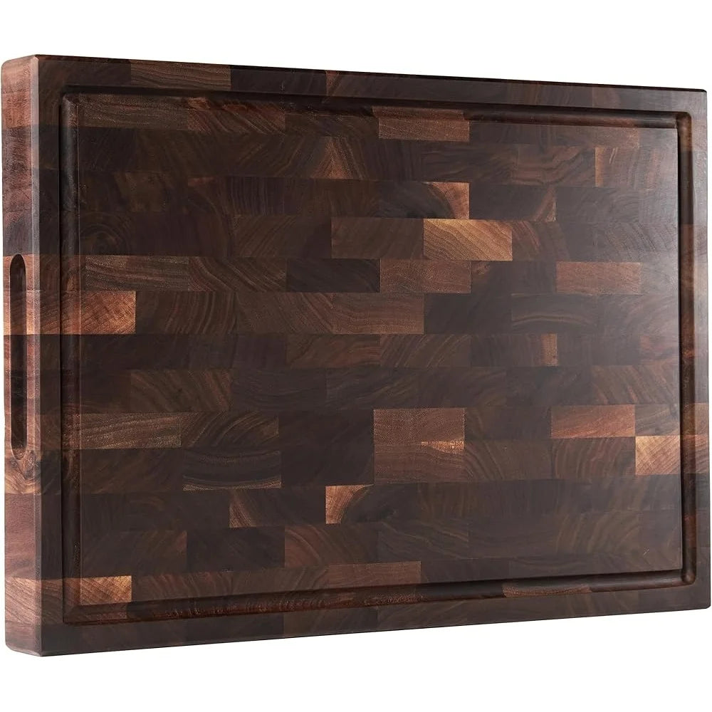 American Walnut Wood Cutting Board with Juice Groove Built-In Handles Reversible End Grain Kitchen Gift Box Sustainable Durable