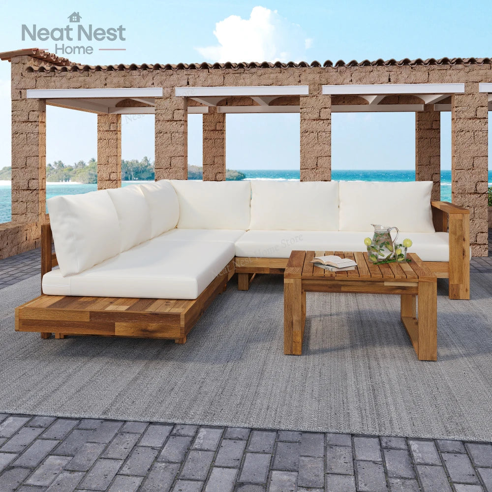 4 Piece Acacia Wood Patio Furniture L Shaped Sectional Sofa Set with Coffee Table and Built in Side Table