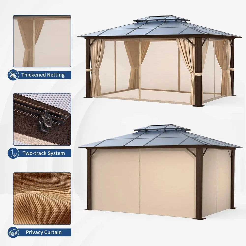 Hardtop Gazebo 10FT x 12FT Polycarbonate Double Top Canopy Aluminum Frame Permanent Pavilion with Curtains and Netting for Lawns