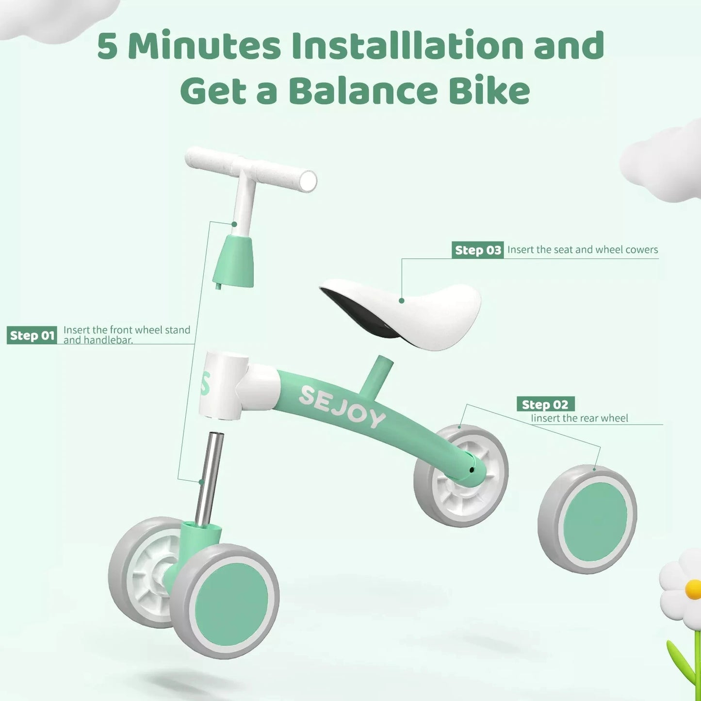 SEJOY Baby Walker Toddler Ride On Balance Bike 4 Wheels Birthday Gifts for Girls and Boys 1-3 Years Old