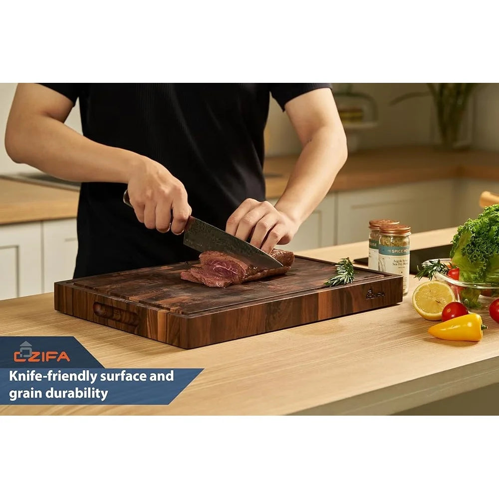 American Walnut Wood Cutting Board with Juice Groove Built-In Handles Reversible End Grain Kitchen Gift Box Sustainable Durable