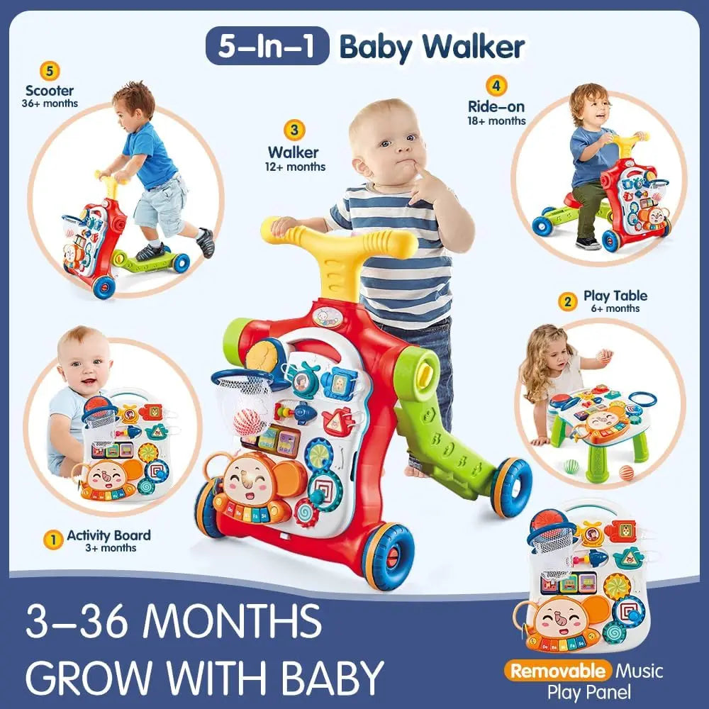 VATOS Baby Walker 5 in 1 Sit to Stand Learning Scooter Balance Bike Push Walker Table Toys with Music for Toddlers and Infant Kids