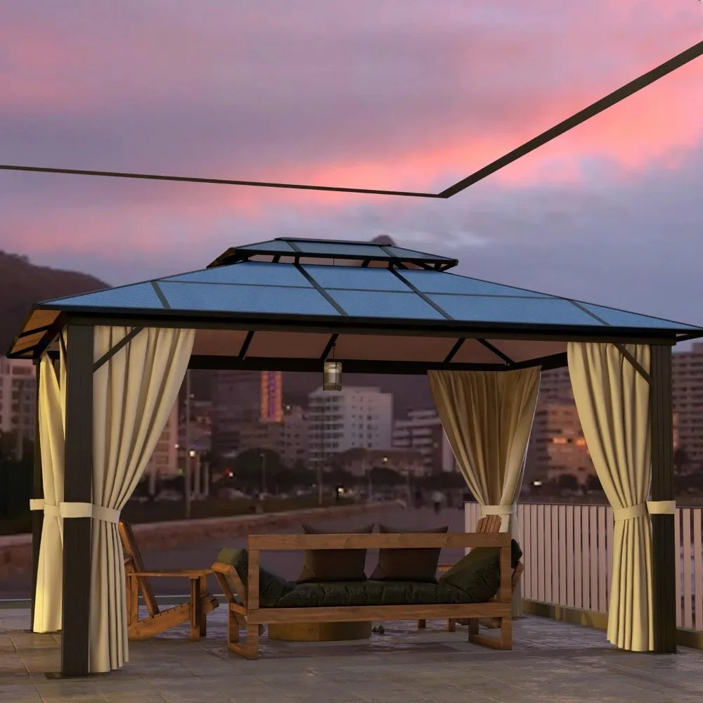Hardtop Gazebo 10FT x 12FT Polycarbonate Double Top Canopy Aluminum Frame Permanent Pavilion with Curtains and Netting for Lawns