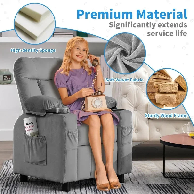 Toddlers Kids Recliner Chair Ergonomic Adjustable Chair with Footrest and Side Pockets Baby Sofa for Boys and Girls Bedroom Gray