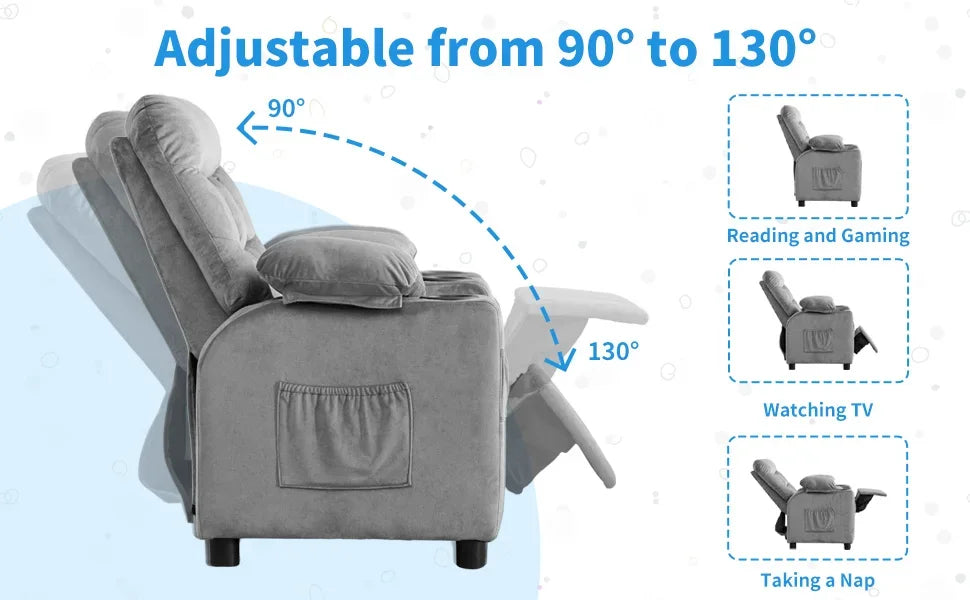 Toddlers Kids Recliner Chair Ergonomic Adjustable Chair with Footrest and Side Pockets Baby Sofa for Boys and Girls Bedroom Gray