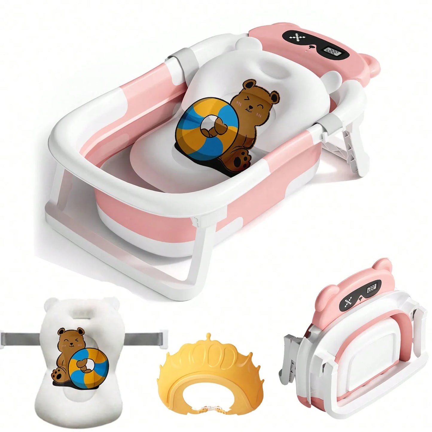 Folding Baby Bathtub with Thermometer and Cushion Support