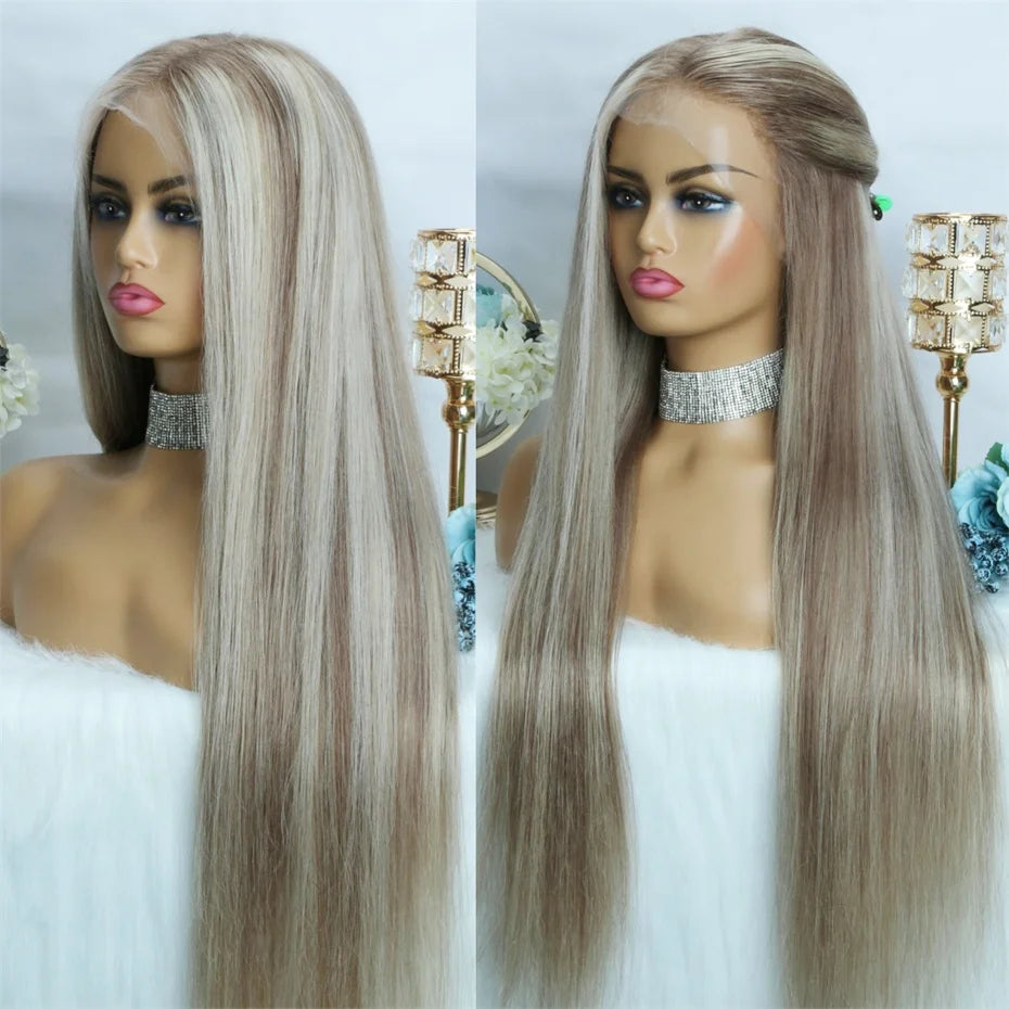 Straight 13x6 Ash Brown Highlight Lace Front Wig Human Hair Natural Hairline Ash Blonde Transparent Lace Frontal Wig for Women