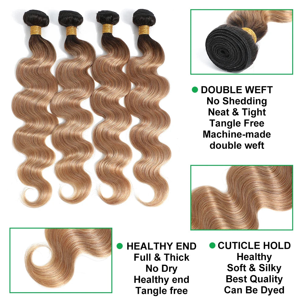 10A Brazilian Body Wave Bundles with 4x4 Lace Closure Brown Blonde Remy Human Hair