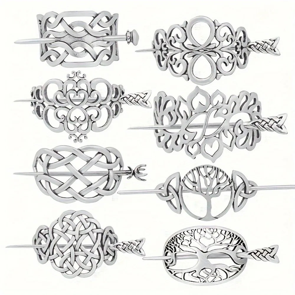 8PCS Hair Clips Viking Celtic Hair Sticks Retro Barrette