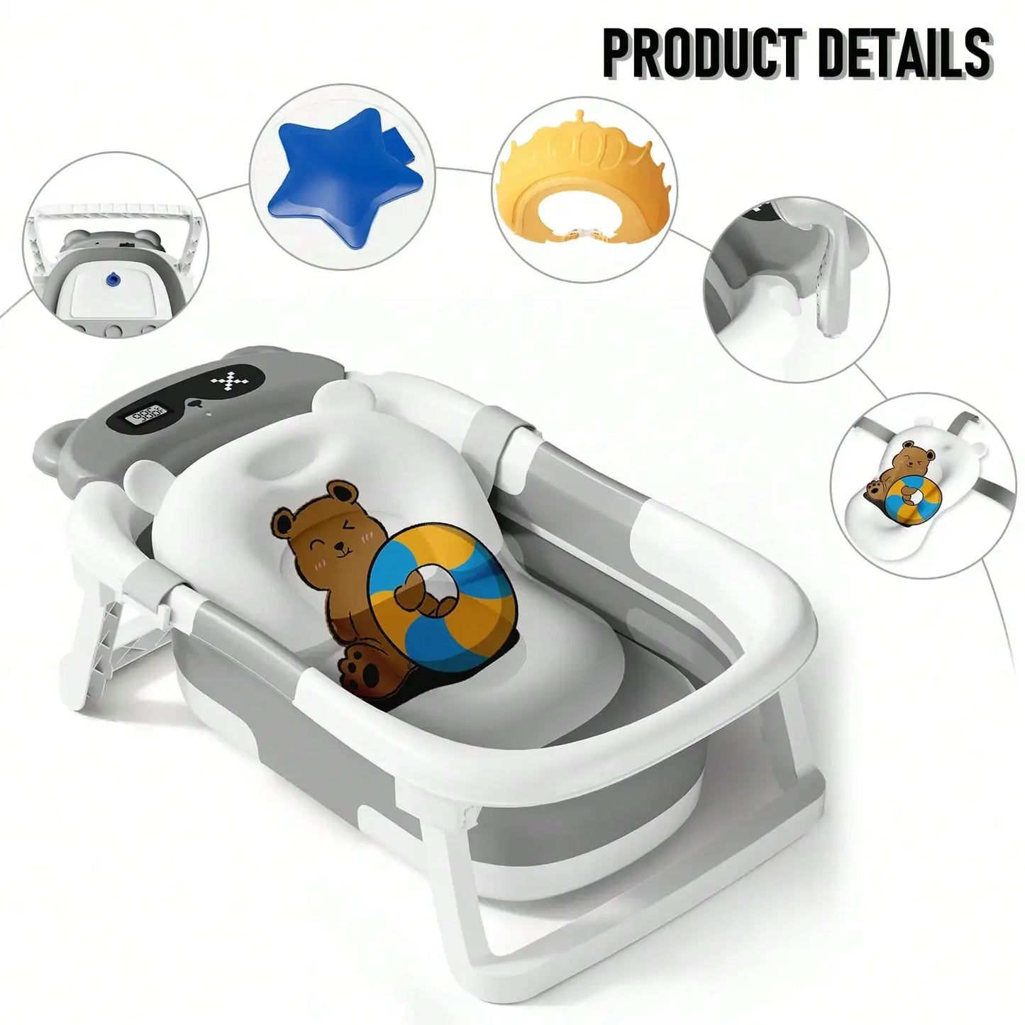 Folding Baby Bathtub with Thermometer and Cushion Support