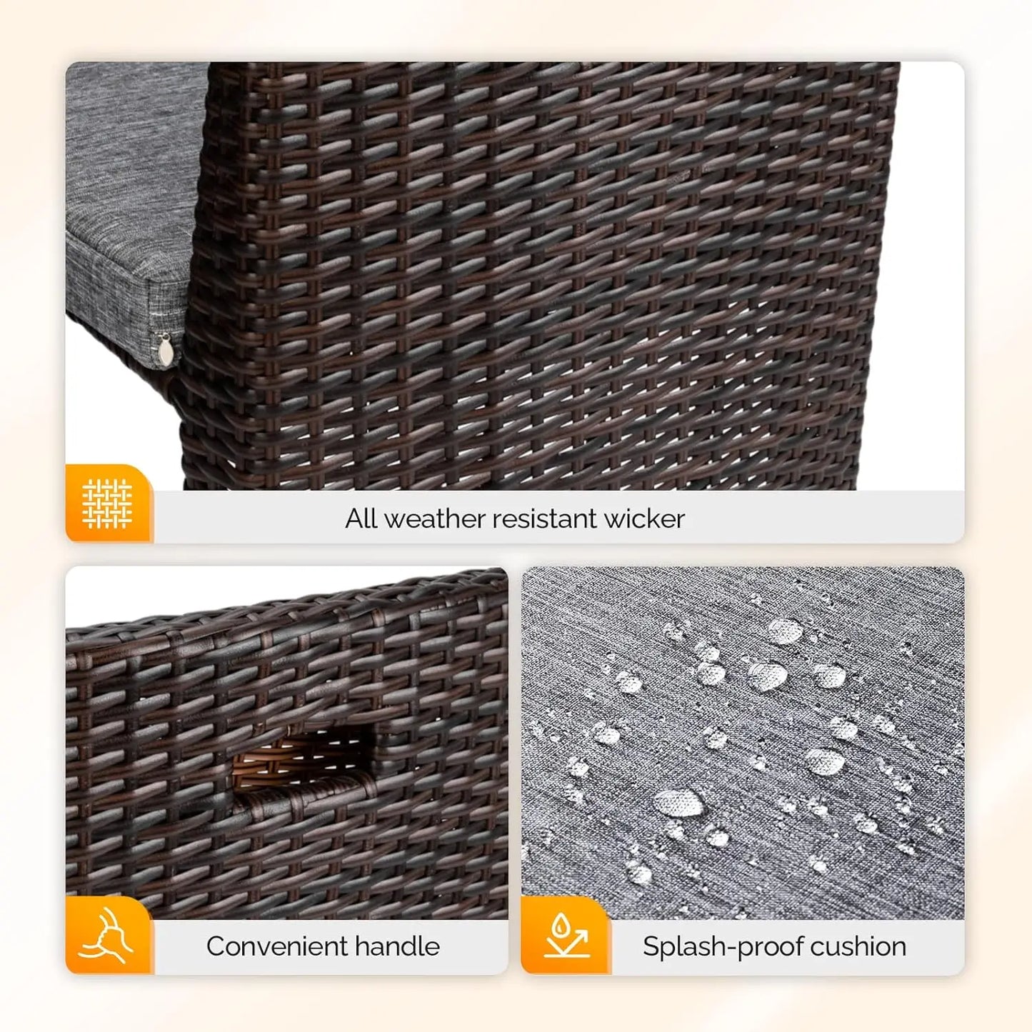 3 PCS Wicker Outdoor Patio Bistro Set with Glass Top Table and Dining Chairs for Small Space Balcony Garden and Porch Furniture