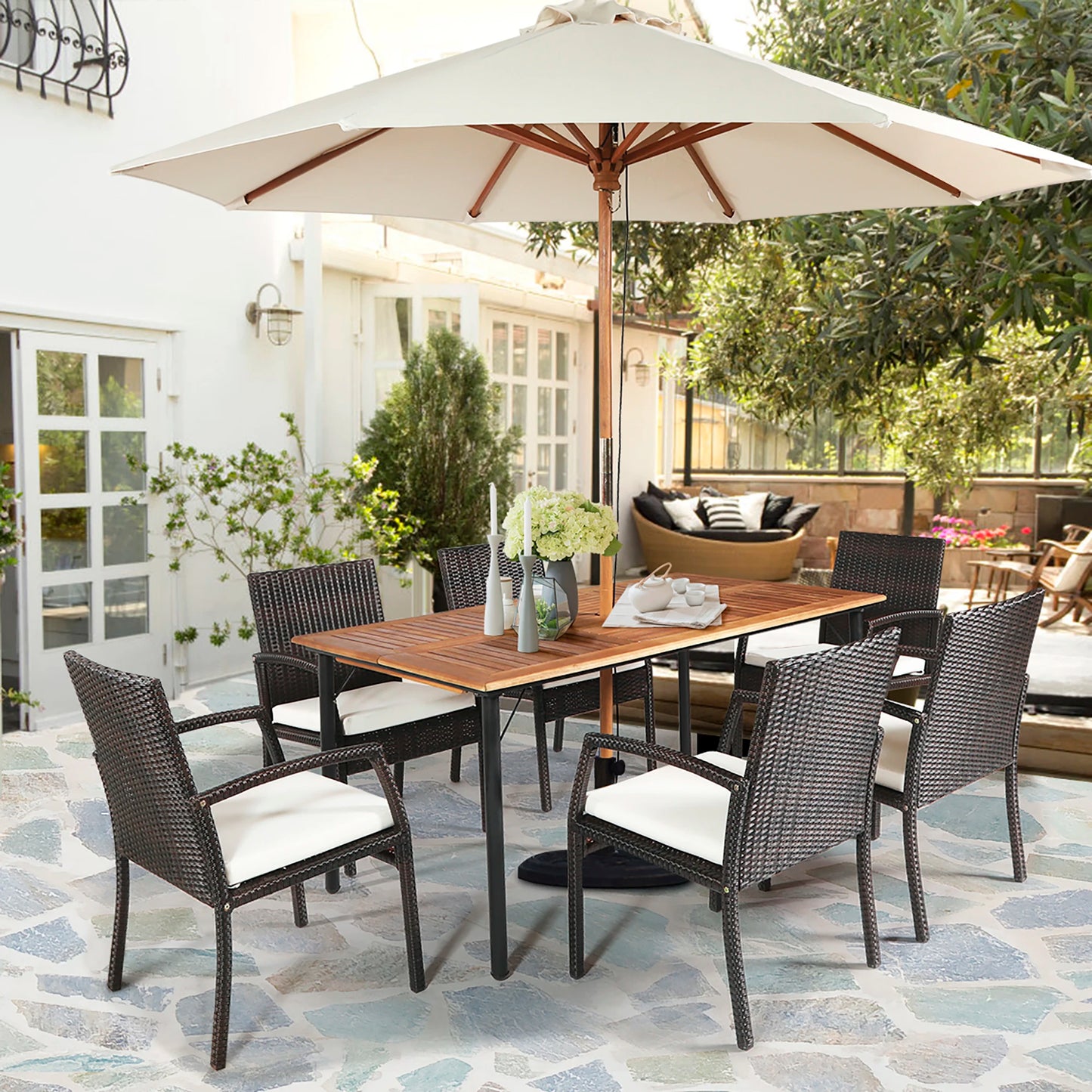 7 Piece Patio Rattan Dining Set with Wooden Table Top and Umbrella Hole