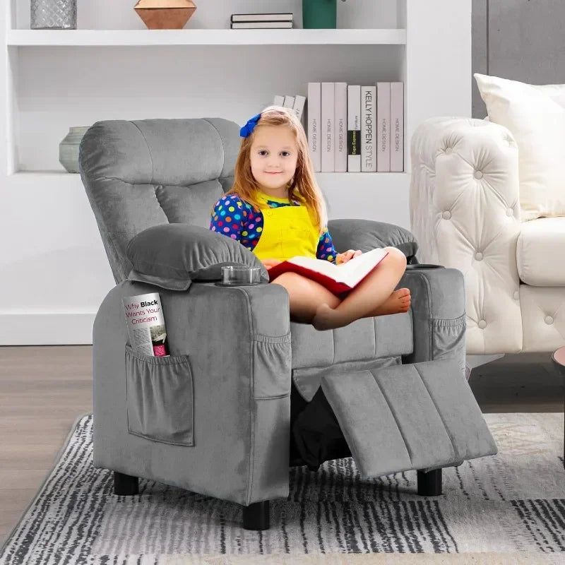 Toddlers Kids Recliner Chair Ergonomic Adjustable Chair with Footrest and Side Pockets Baby Sofa for Boys and Girls Bedroom Gray