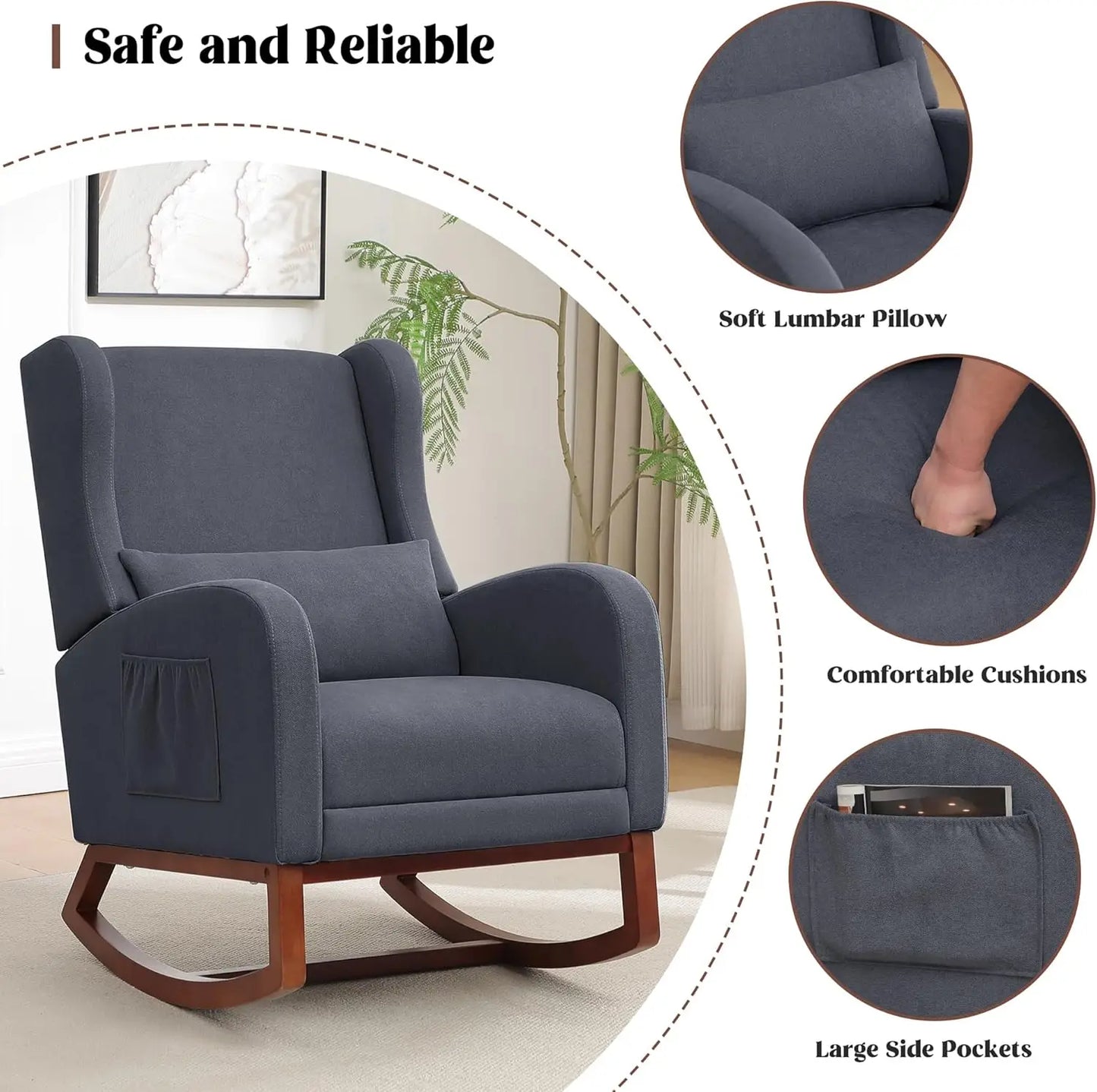 Rocking Chair Nursery with Foot Rest Wingback Nursery Rocking Chairs Teddy Nursing Glider Rocker Chair with Pillow and Adjustable Footrest