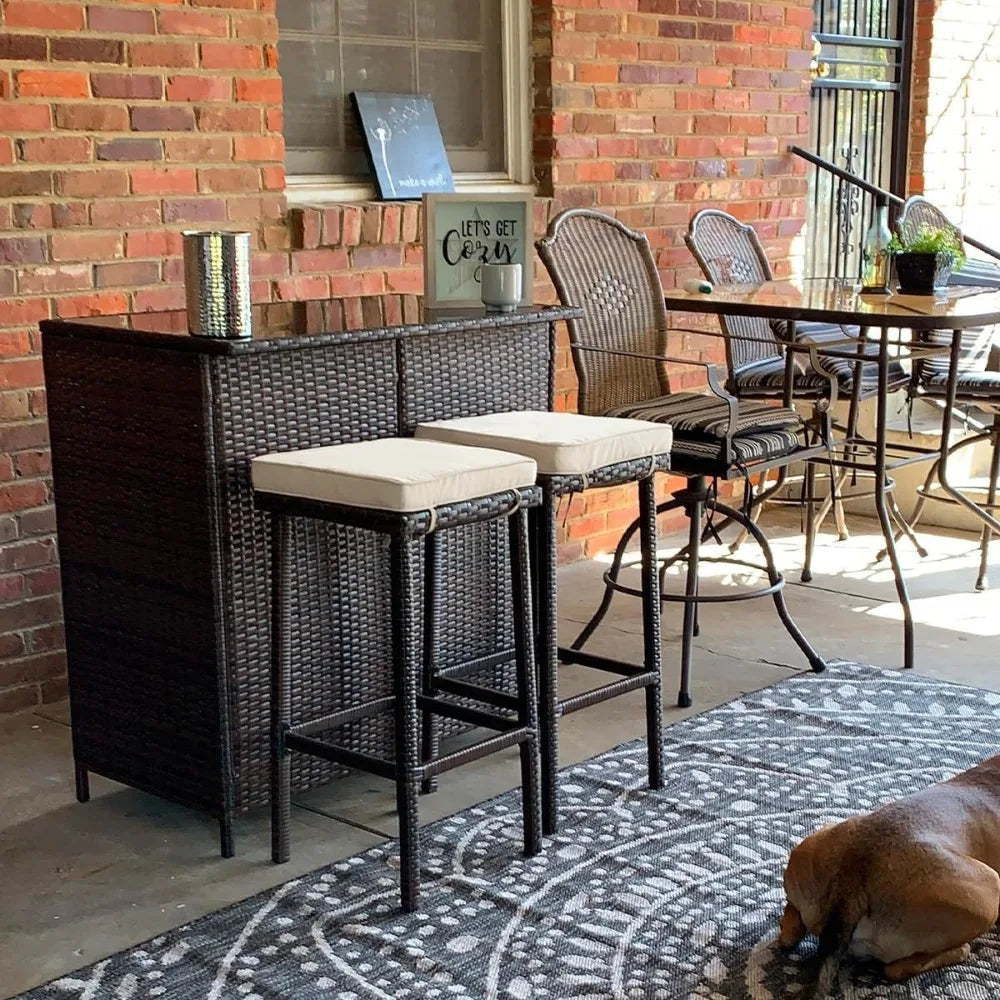 3 Piece Outdoor Bar Set Patio Wicker Bar Furniture with Glass Top Table Cushions and Two Stools Brown Khaki
