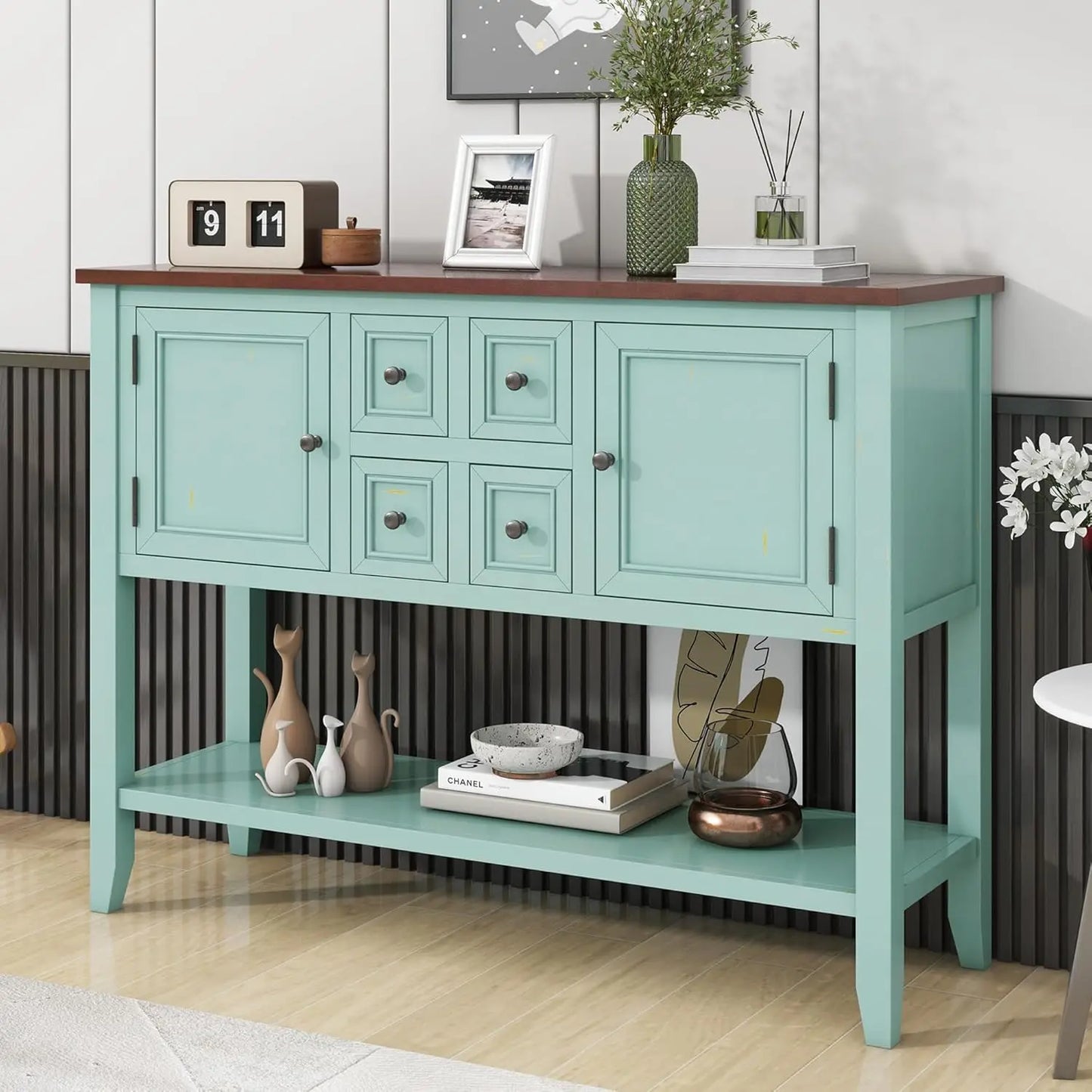 Console Table Sideboard Sofa Entryway Side Table Furniture with Six Drawers and Bottom Shelf for Living Room Home Decor