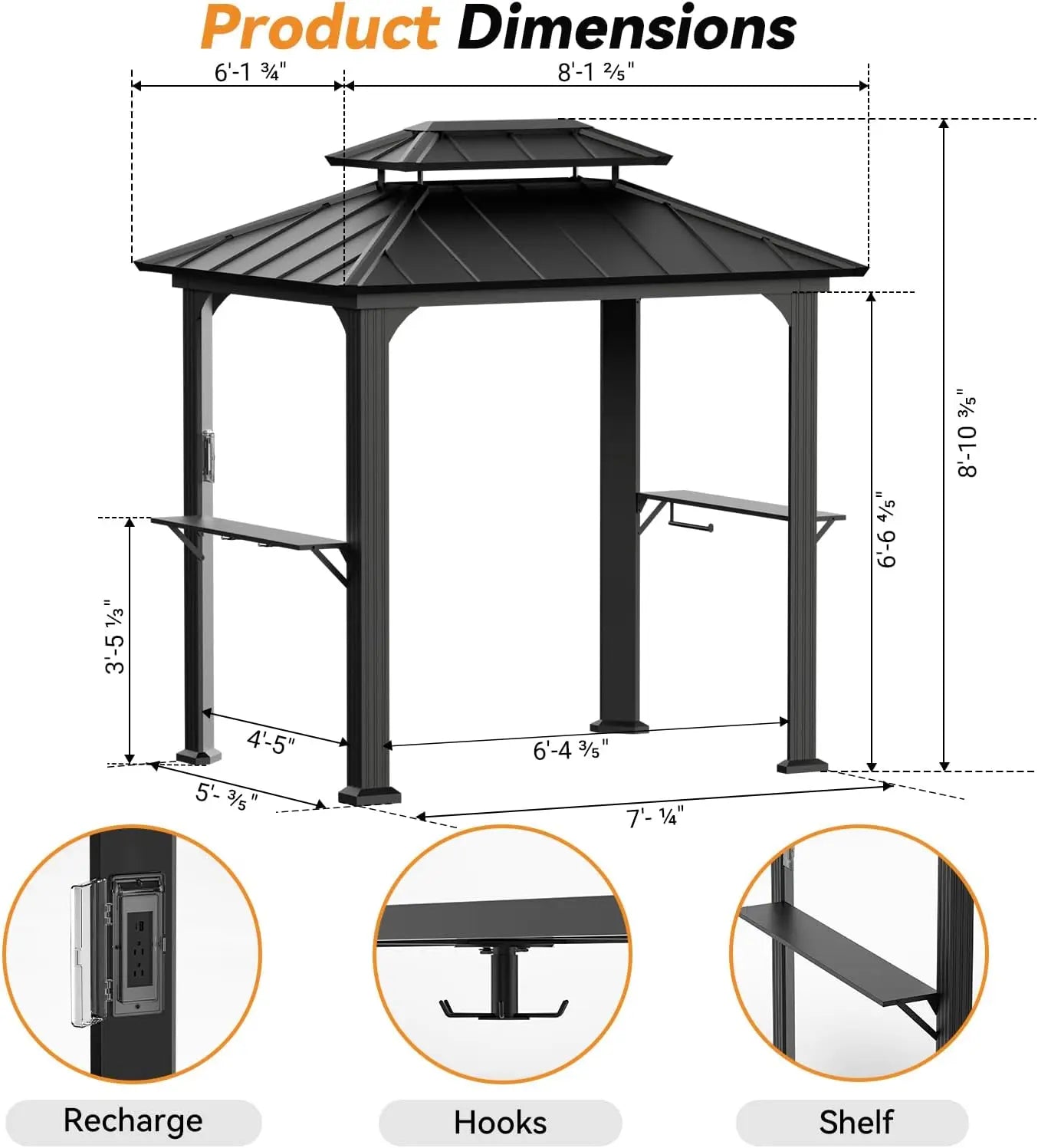 6 Feet X 8 Feet Aluminum BBQ Gazebos with Shelves and Ceiling Hook Grill Canopy Hardtop with Galvanized Steel Roof Outdoor Grill