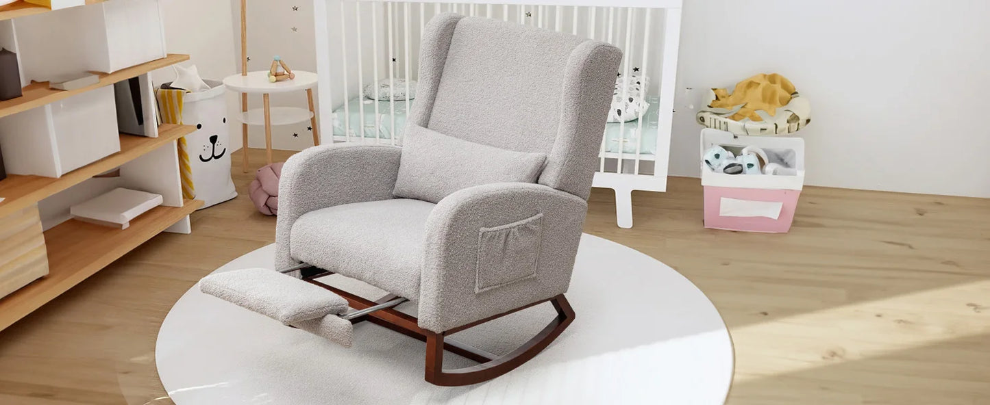 Rocking Chair Nursery with Foot Rest Wingback Nursery Rocking Chairs Teddy Nursing Glider Rocker Chair with Pillow and Adjustable Footrest