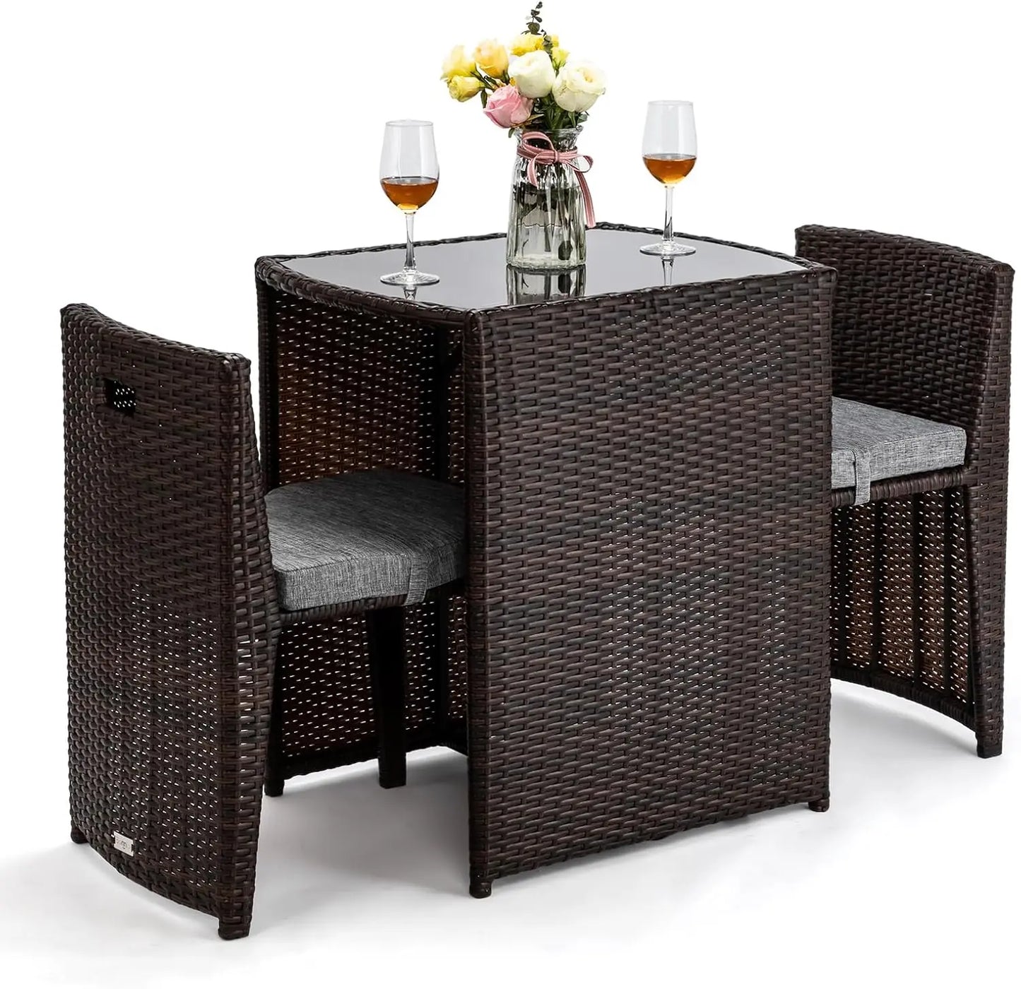 3 PCS Wicker Outdoor Patio Bistro Set with Glass Top Table and Dining Chairs for Small Space Balcony Garden and Porch Furniture