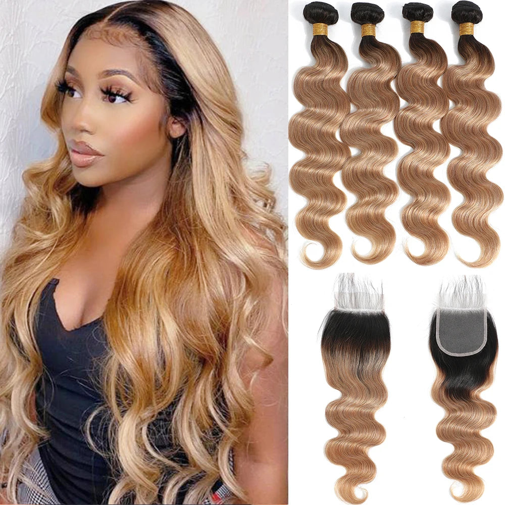 10A Brazilian Body Wave Bundles with 4x4 Lace Closure Brown Blonde Human Hair Remy 3/4 Bundles