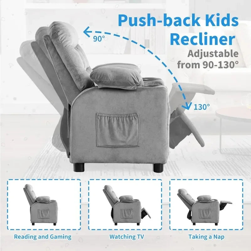 Toddlers Kids Recliner Chair Ergonomic Adjustable Chair with Footrest and Side Pockets Baby Sofa for Boys and Girls Bedroom Gray