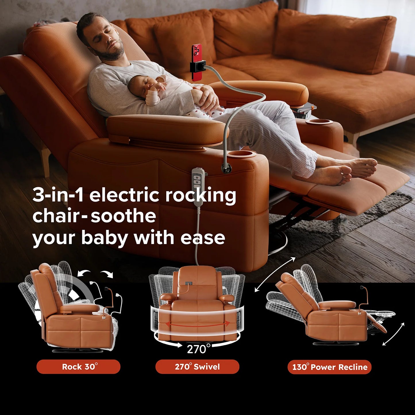 MAMAZING Electric Nursery Glider Recliner Breastfeeding Chair with USB Port Adjustable Armrests and Storage FSC Certified Mocha