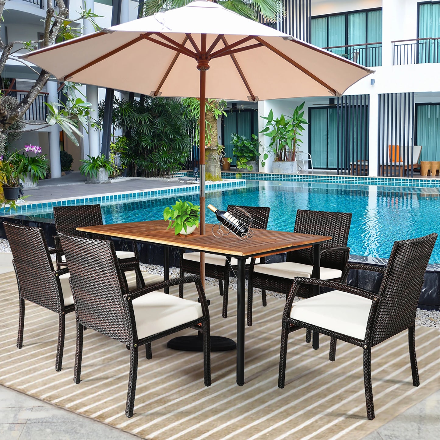 7 Piece Patio Rattan Dining Set with Wooden Table Top and Umbrella Hole