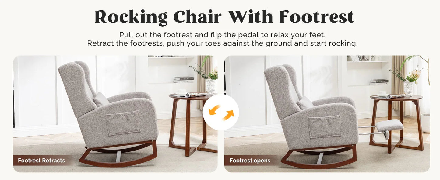 Rocking Chair Nursery with Foot Rest Wingback Nursery Rocking Chairs Teddy Nursing Glider Rocker Chair with Pillow and Adjustable Footrest