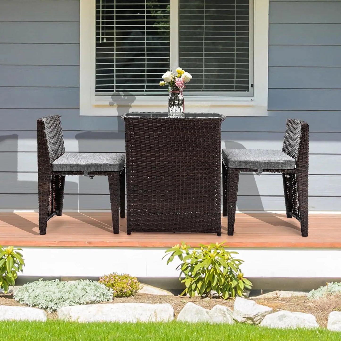 3 PCS Wicker Outdoor Patio Bistro Set with Glass Top Table and Dining Chairs for Small Space Balcony Garden and Porch Furniture