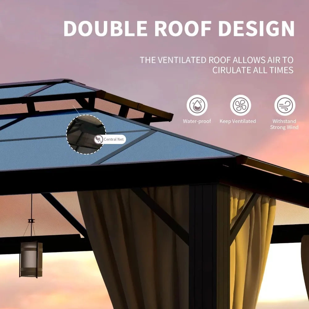 Hardtop Gazebo 10FT x 12FT Polycarbonate Double Top Canopy Aluminum Frame Permanent Pavilion with Curtains and Netting for Lawns