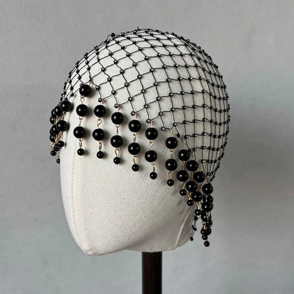 Stonefans Wedding Pearl Tassel Hair Accessories Handmade Hollowed Mesh Headband Headpiece Head Chain Head Cap 2024 Gifts