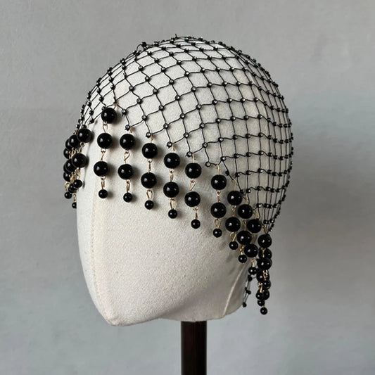 Stonefans Wedding Pearl Tassel Hair Accessories Handmade Hollowed Mesh Headband Headpiece Head Chain Head Cap 2024 Gifts